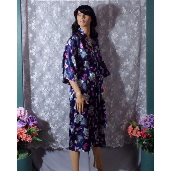 Vintage 80s Floral Robe 1980s Kimono Style Blue Purple Spring Lotus Size Medium - Picture 3 of 6